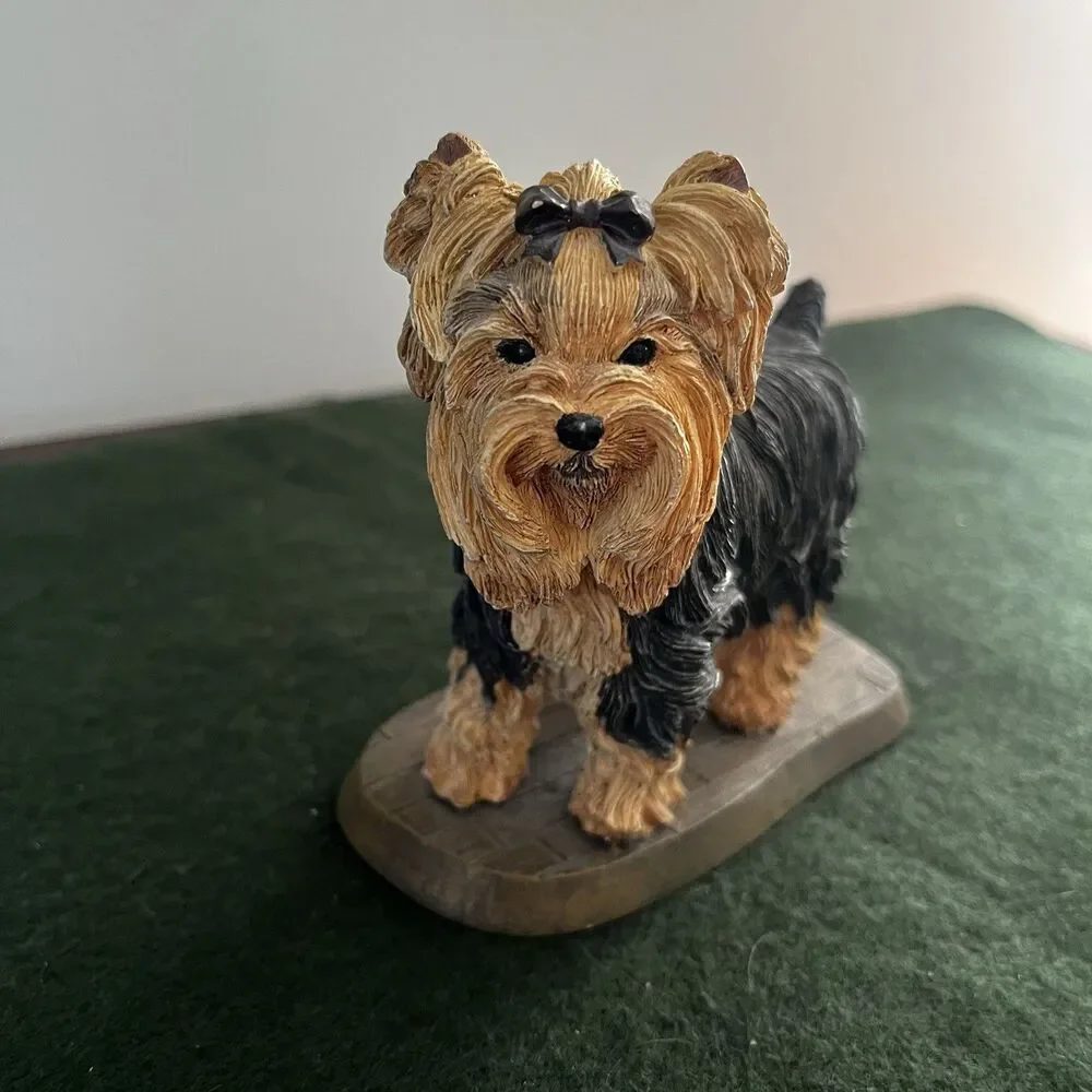Vintage Hand Painted Resin Yorkshire Terrier Dog on Plank Base Living Stone 2001